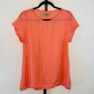 FLAX Linen Women's Pullover S/S Blouse Orange w/Tiny Stripe Pattern XS/S